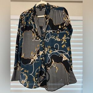 Ann Taylor Black and Gold Patterned Pussybow Blouse